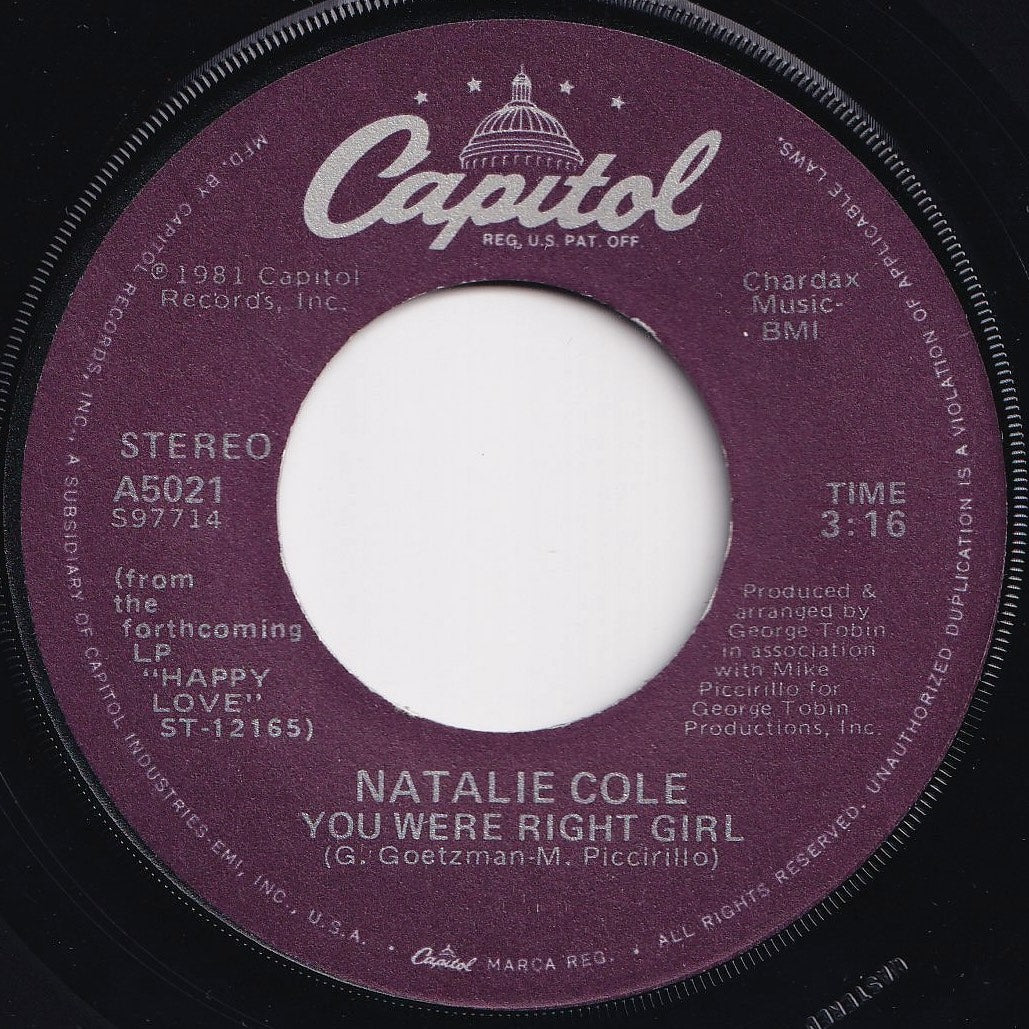 Natalie Cole - You Were Right Girl / Across The Nation (7 inch Record / Used)